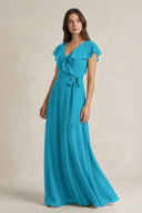 V - Neck A - Line Ruffled Chiffon Bridesmaid Dress With Bow in Blue Jay - SHE IS ME Bridesmaid Dresses