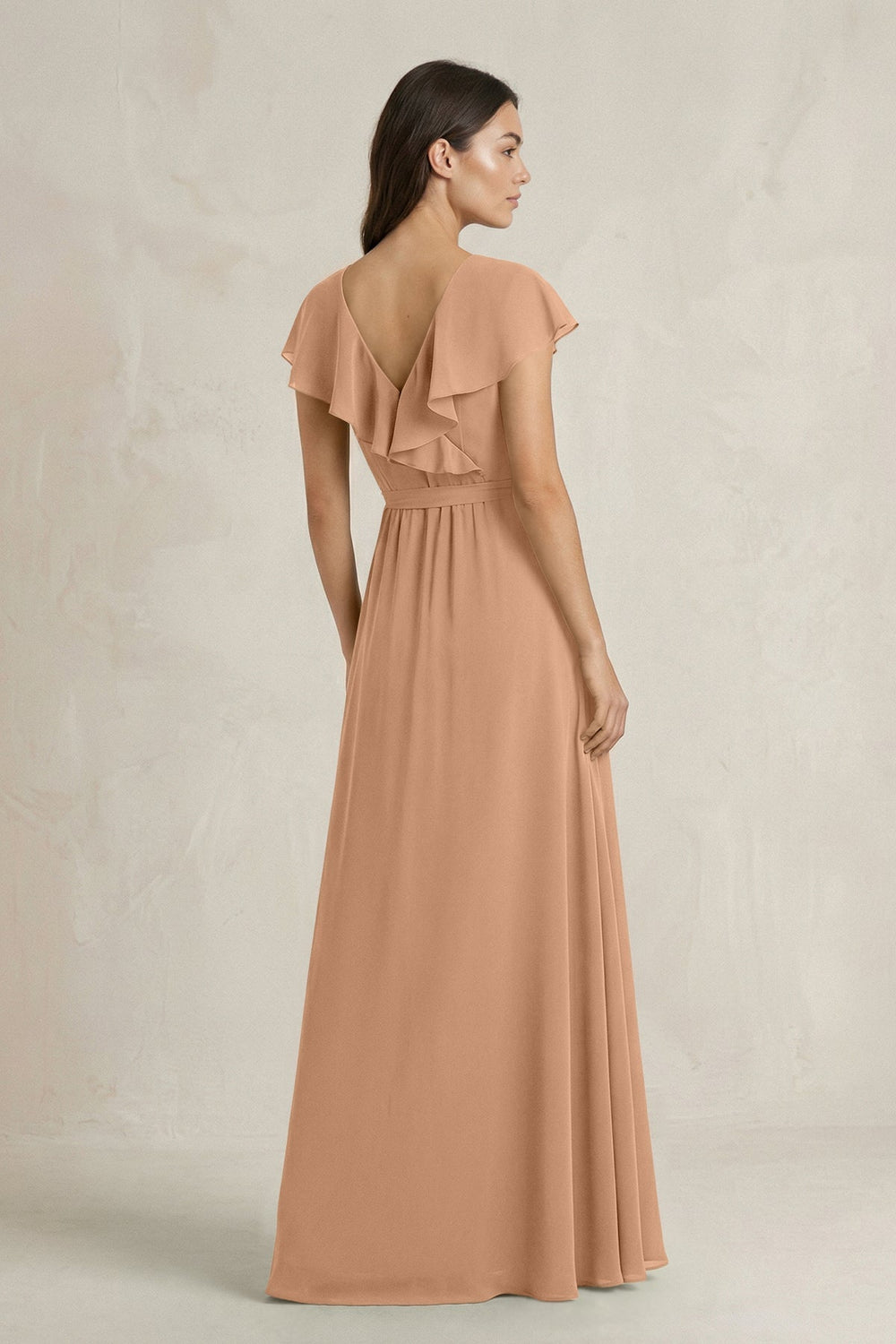 V - Neck A - Line Ruffled Chiffon Bridesmaid Dress With Bow in Bronzer - KISS BRIDAL Bridesmaid Dresses
