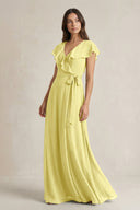 V - Neck A - Line Ruffled Chiffon Bridesmaid Dress With Bow in Buttercup - SHE IS ME Bridesmaid Dresses
