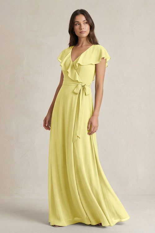 V - Neck A - Line Ruffled Chiffon Bridesmaid Dress With Bow in Buttercup - SHE IS ME Bridesmaid Dresses