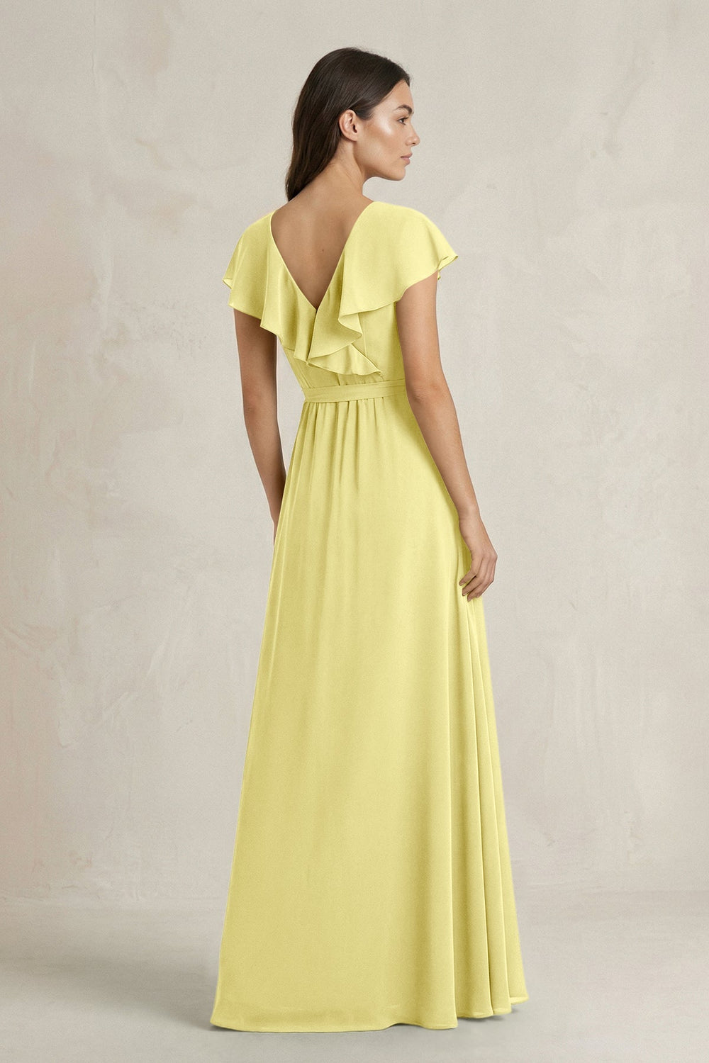 V - Neck A - Line Ruffled Chiffon Bridesmaid Dress With Bow in Buttercup - KISS BRIDAL Bridesmaid Dresses