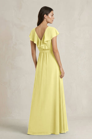 V - Neck A - Line Ruffled Chiffon Bridesmaid Dress With Bow in Buttercup - SHE IS ME Bridesmaid Dresses