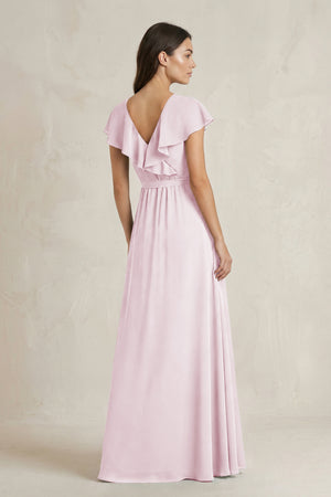 V-Neck A-Line Ruffled Chiffon Bridesmaid Dress With Bow  in Candy Pink (2) | KISSBRIDAL