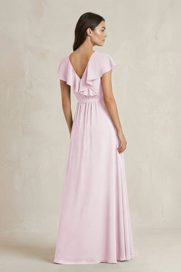 V-Neck A-Line Ruffled Chiffon Bridesmaid Dress With Bow  in Candy Pink (2) | KISSBRIDAL