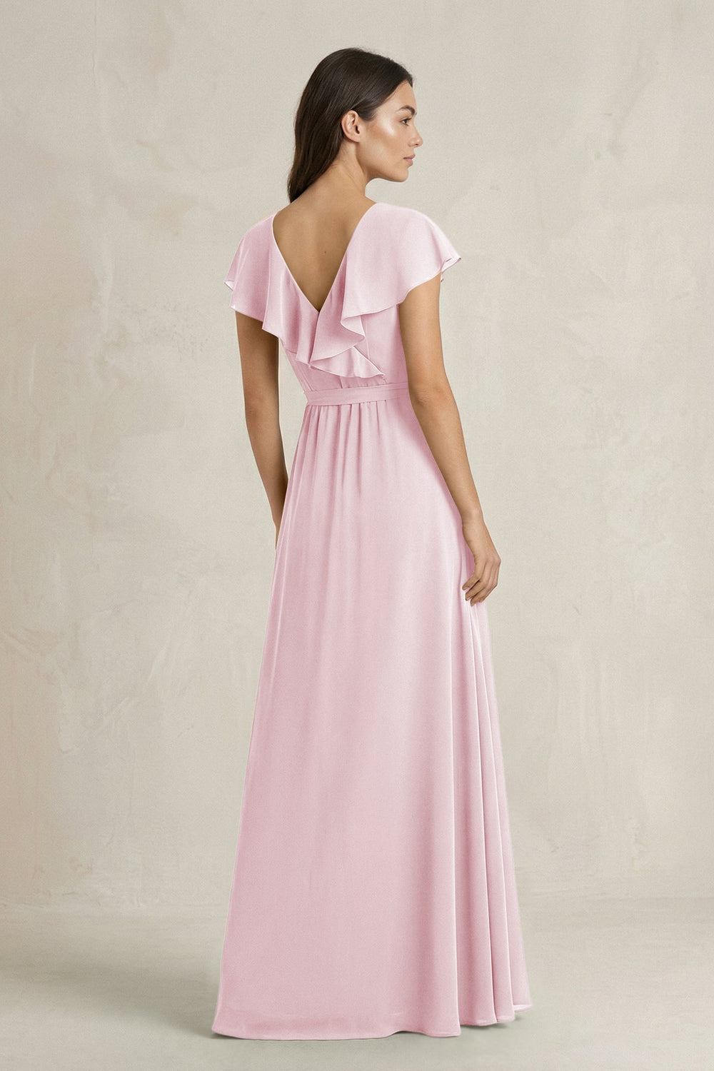 V - Neck A - Line Ruffled Chiffon Bridesmaid Dress With Bow in Candy Pink - KISS BRIDAL Bridesmaid Dresses