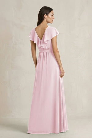 V - Neck A - Line Ruffled Chiffon Bridesmaid Dress With Bow in Candy Pink - SHE IS ME Bridesmaid Dresses