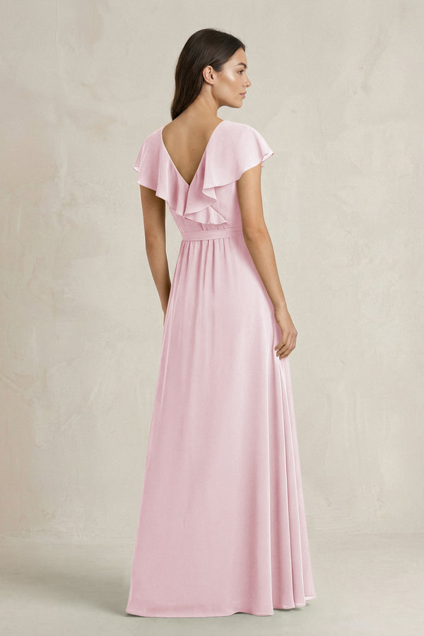 V - Neck A - Line Ruffled Chiffon Bridesmaid Dress With Bow in Candy Pink - SHE IS ME Bridesmaid Dresses