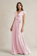 V - Neck A - Line Ruffled Chiffon Bridesmaid Dress With Bow in Candy Pink - SHE IS ME Bridesmaid Dresses