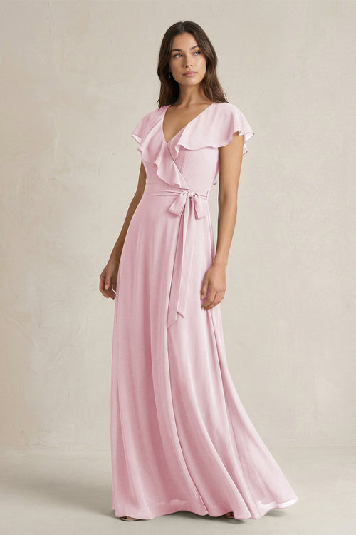 V - Neck A - Line Ruffled Chiffon Bridesmaid Dress With Bow in Candy Pink - SHE IS ME Bridesmaid Dresses