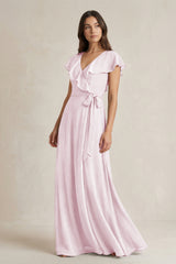 V-Neck A-Line Ruffled Chiffon Bridesmaid Dress With Bow  in Candy Pink | KISSBRIDAL