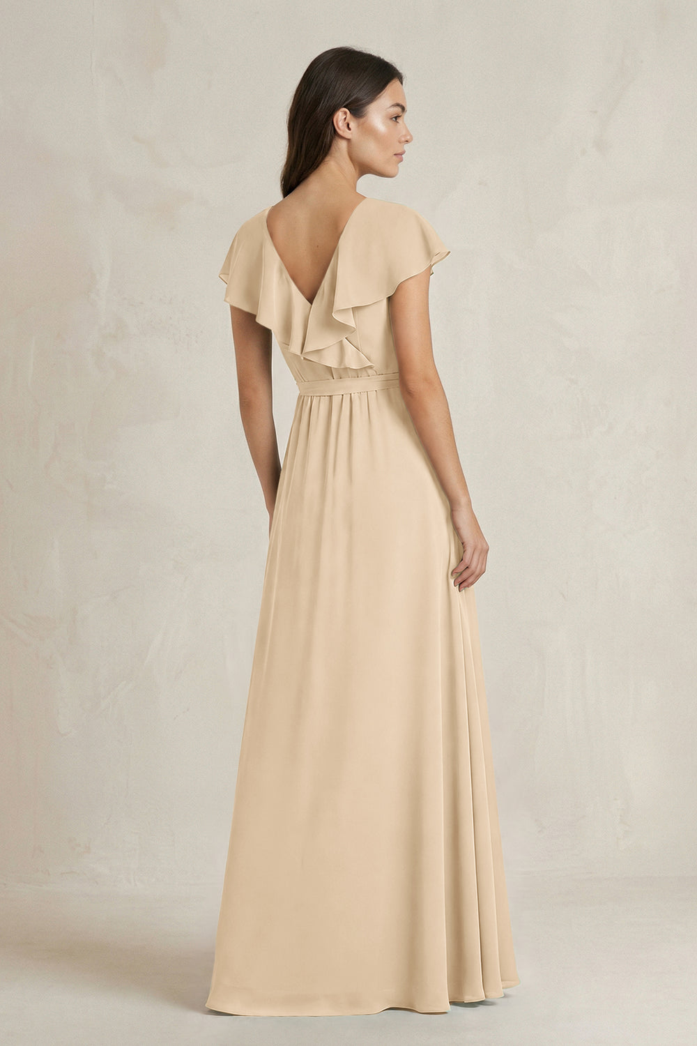 V-Neck A-Line Ruffled Chiffon Bridesmaid Dress With Bow in Champagne