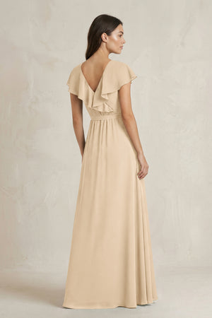 V-Neck A-Line Ruffled Chiffon Bridesmaid Dress With Bow  in Champagne (2) | KISSBRIDAL