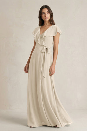 V - Neck A - Line Ruffled Chiffon Bridesmaid Dress With Bow in Champagne - SHE IS ME Bridesmaid Dresses