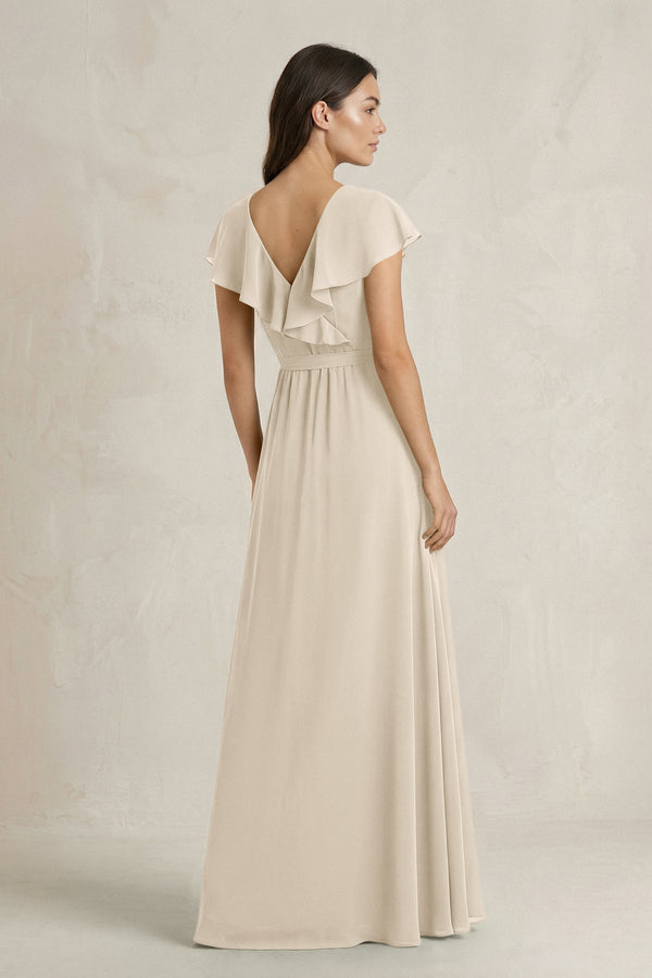 V - Neck A - Line Ruffled Chiffon Bridesmaid Dress With Bow in Champagne - SHE IS ME Bridesmaid Dresses