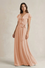 V - Neck A - Line Ruffled Chiffon Bridesmaid Dress With Bow in Champagne Rose - KISS BRIDAL Bridesmaid Dresses