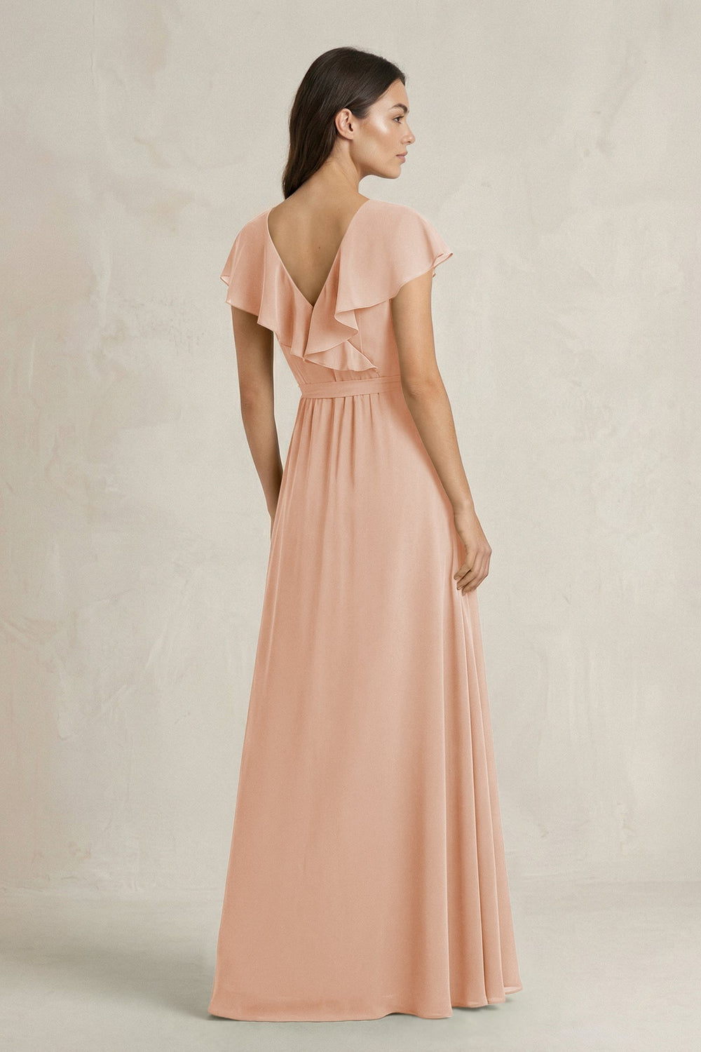 V - Neck A - Line Ruffled Chiffon Bridesmaid Dress With Bow in Champagne Rose - KISS BRIDAL Bridesmaid Dresses