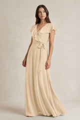 V-Neck A-Line Ruffled Chiffon Bridesmaid Dress With Bow  in Champagne | KISSBRIDAL