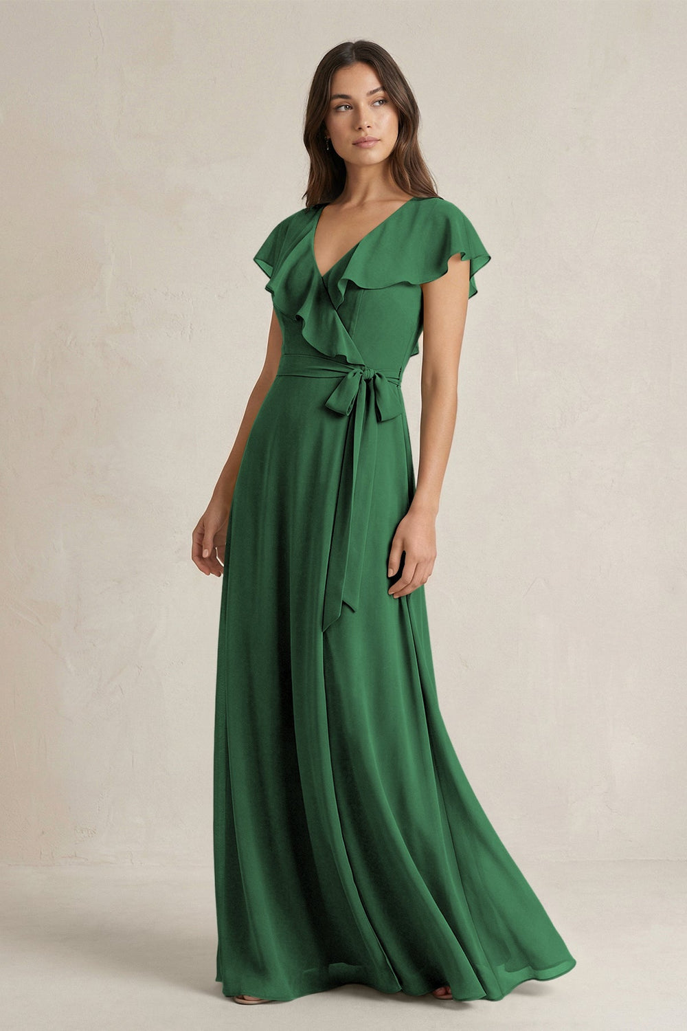 V - Neck A - Line Ruffled Chiffon Bridesmaid Dress With Bow in Dark Green - KISS BRIDAL Bridesmaid Dresses