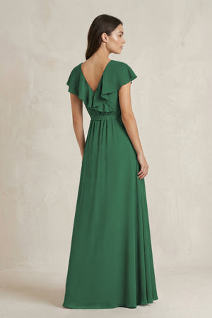V-Neck A-Line Ruffled Chiffon Bridesmaid Dress With Bow  in Dark Green (2) | KISSBRIDAL