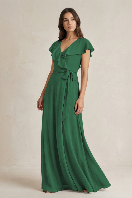 V-Neck A-Line Ruffled Chiffon Bridesmaid Dress With Bow  in Dark Green | KISSBRIDAL