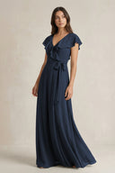 V - Neck A - Line Ruffled Chiffon Bridesmaid Dress With Bow in Dark Navy - SHE IS ME Bridesmaid Dresses