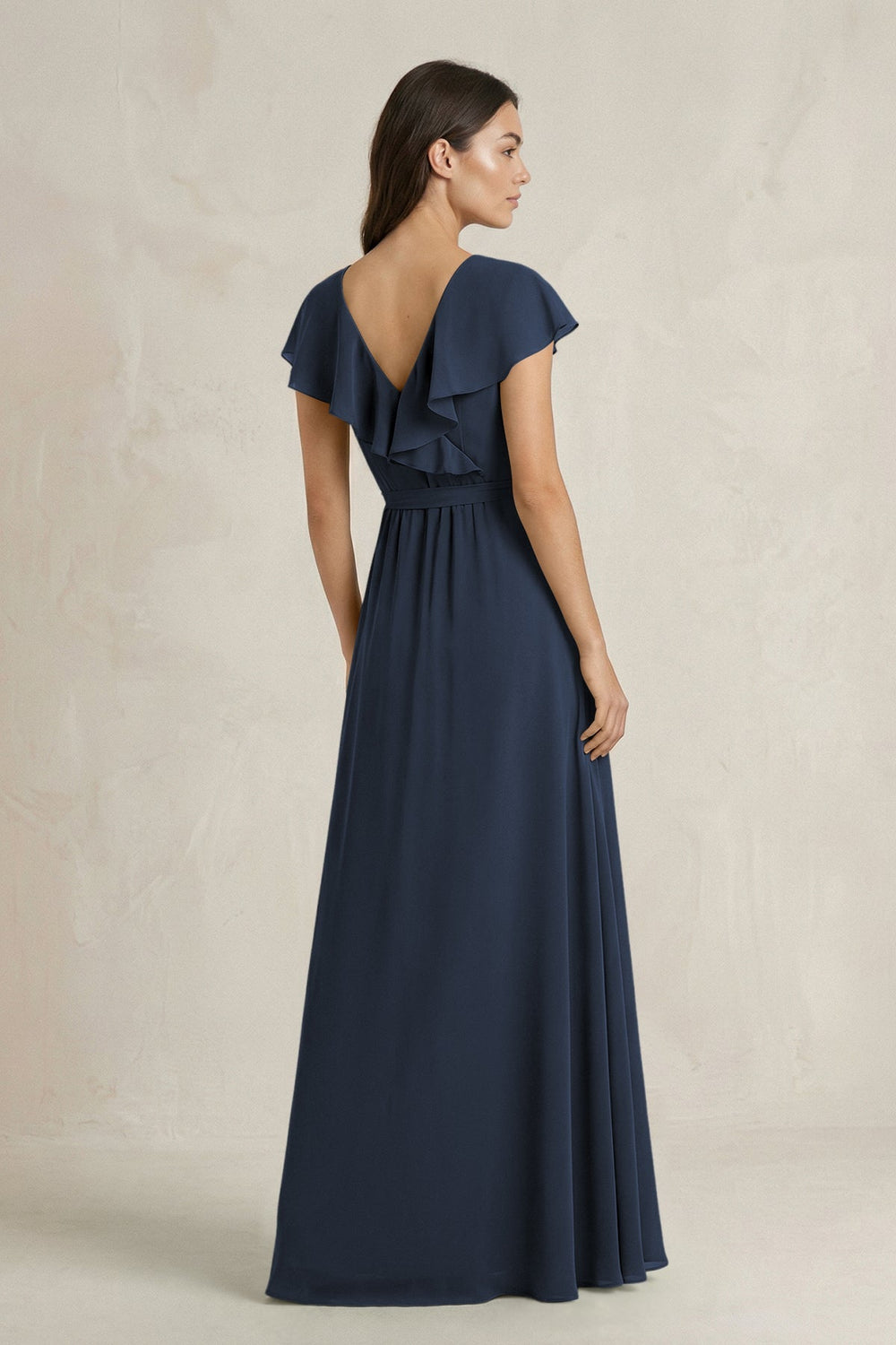 V - Neck A - Line Ruffled Chiffon Bridesmaid Dress With Bow in Dark Navy - KISS BRIDAL Bridesmaid Dresses