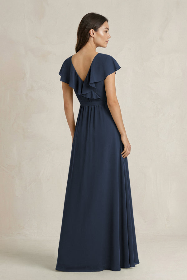 V - Neck A - Line Ruffled Chiffon Bridesmaid Dress With Bow in Dark Navy - SHE IS ME Bridesmaid Dresses