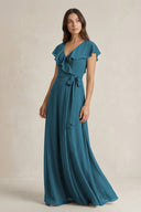 V - Neck A - Line Ruffled Chiffon Bridesmaid Dress With Bow in Dark Teal - SHE IS ME Bridesmaid Dresses