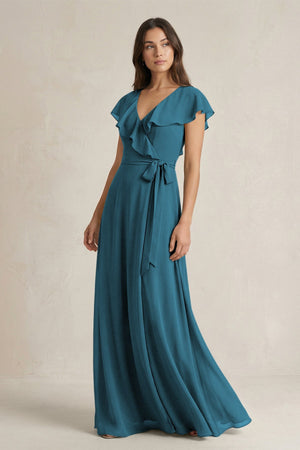 V - Neck A - Line Ruffled Chiffon Bridesmaid Dress With Bow in Dark Teal - SHE IS ME Bridesmaid Dresses