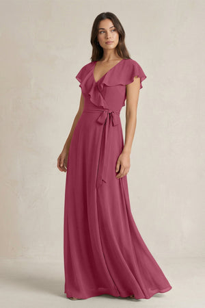 V - Neck A - Line Ruffled Chiffon Bridesmaid Dress With Bow in Desert Rose - SHE IS ME Bridesmaid Dresses