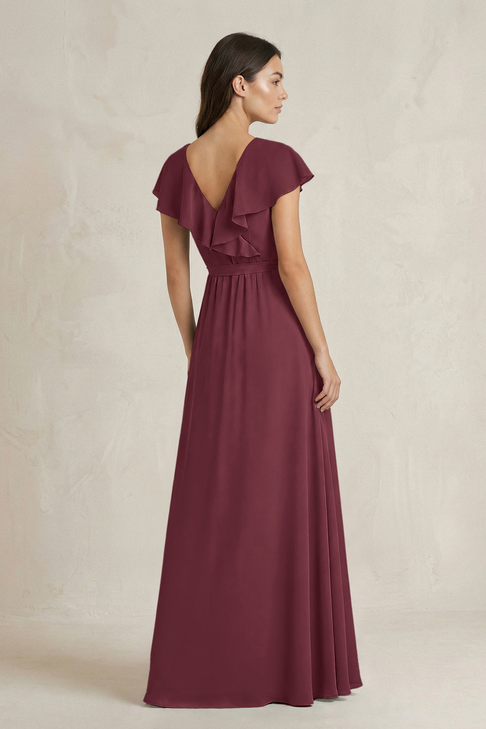 V-Neck A-Line Ruffled Chiffon Bridesmaid Dress With Bow in Desert Rose