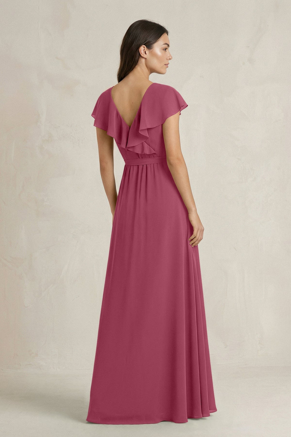 V - Neck A - Line Ruffled Chiffon Bridesmaid Dress With Bow in Desert Rose - KISS BRIDAL Bridesmaid Dresses