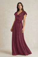 V-Neck A-Line Ruffled Chiffon Bridesmaid Dress With Bow in Desert Rose | KISSBRIDAL