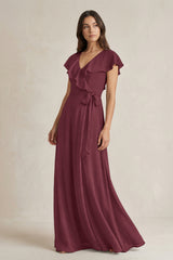 V-Neck A-Line Ruffled Chiffon Bridesmaid Dress With Bow in Desert Rose | KISSBRIDAL