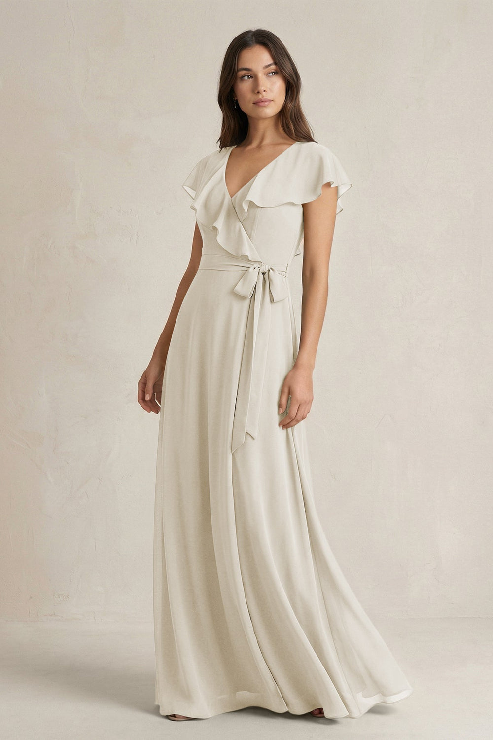 V - Neck A - Line Ruffled Chiffon Bridesmaid Dress With Bow in Dove Gray - KISS BRIDAL Bridesmaid Dresses