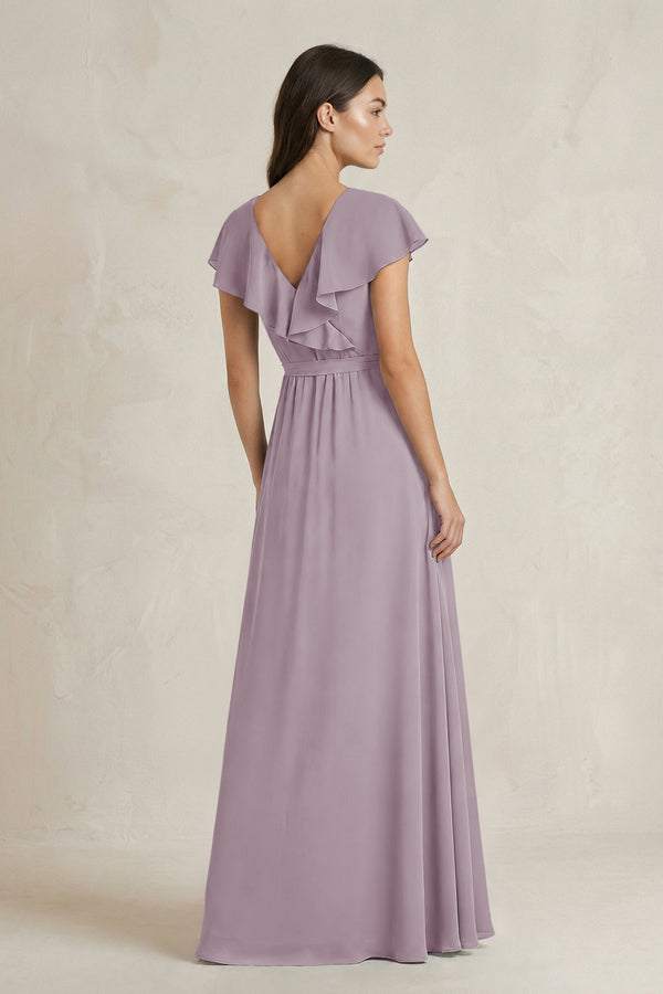 V-Neck A-Line Ruffled Chiffon Bridesmaid Dress With Bow  in Dusk (2) | KISSBRIDAL
