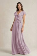 V - Neck A - Line Ruffled Chiffon Bridesmaid Dress With Bow in Dusk - SHE IS ME Bridesmaid Dresses