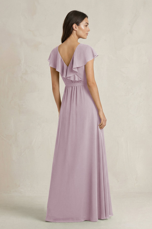 V - Neck A - Line Ruffled Chiffon Bridesmaid Dress With Bow in Dusk - SHE IS ME Bridesmaid Dresses