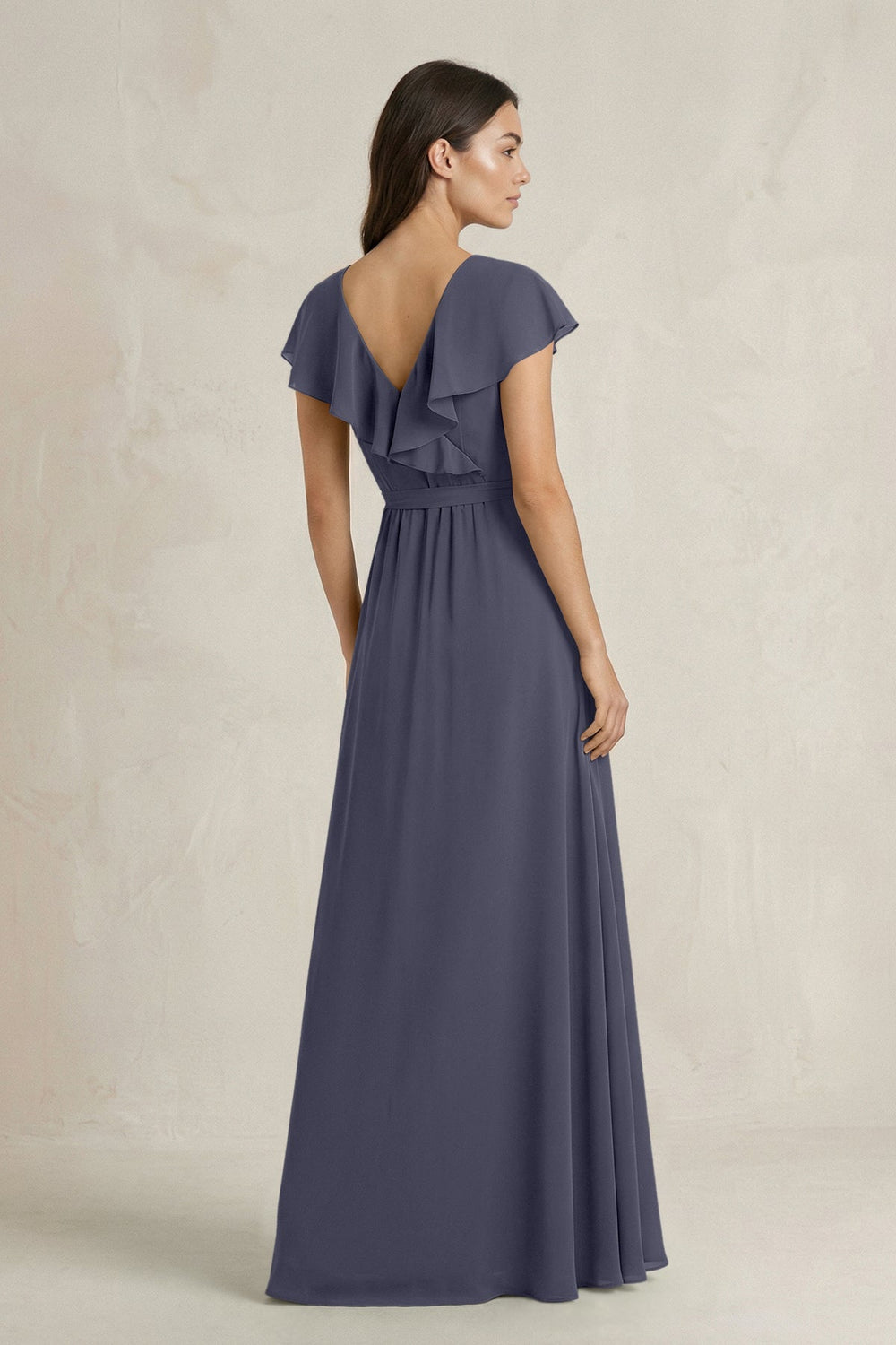 V - Neck A - Line Ruffled Chiffon Bridesmaid Dress With Bow in Dusk Blue - KISS BRIDAL Bridesmaid Dresses