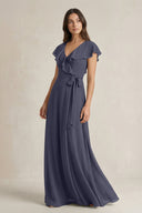 V - Neck A - Line Ruffled Chiffon Bridesmaid Dress With Bow in Dusk Blue - SHE IS ME Bridesmaid Dresses