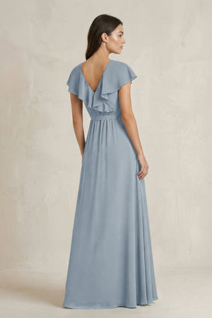 V-Neck A-Line Ruffled Chiffon Bridesmaid Dress With Bow  in Dusty Blue (2) | KISSBRIDAL