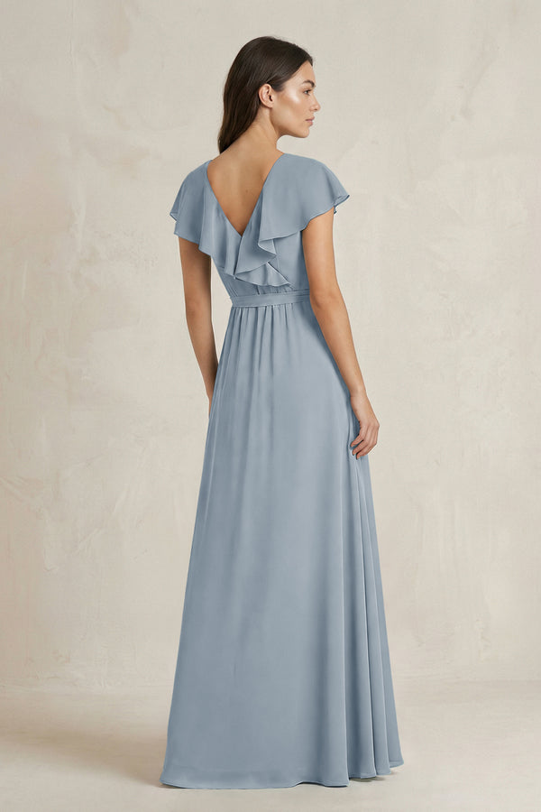 V-Neck A-Line Ruffled Chiffon Bridesmaid Dress With Bow  in Dusty Blue (2) | KISSBRIDAL