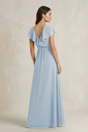 V - Neck A - Line Ruffled Chiffon Bridesmaid Dress With Bow in Dusty Blue - SHE IS ME Bridesmaid Dresses