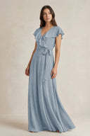 V-Neck A-Line Ruffled Chiffon Bridesmaid Dress With Bow  in Dusty Blue | KISSBRIDAL