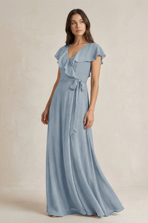 V-Neck A-Line Ruffled Chiffon Bridesmaid Dress With Bow  in Dusty Blue | KISSBRIDAL