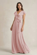 V - Neck A - Line Ruffled Chiffon Bridesmaid Dress With Bow in Dusty Rose - SHE IS ME Bridesmaid Dresses