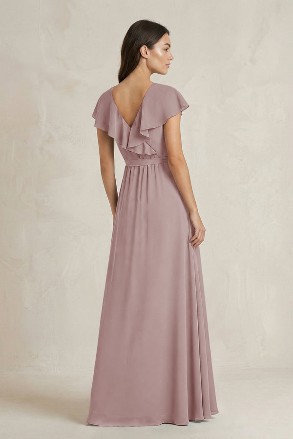 V-Neck A-Line Ruffled Chiffon Bridesmaid Dress With Bow  in Dusty Rose (2) | KISSBRIDAL