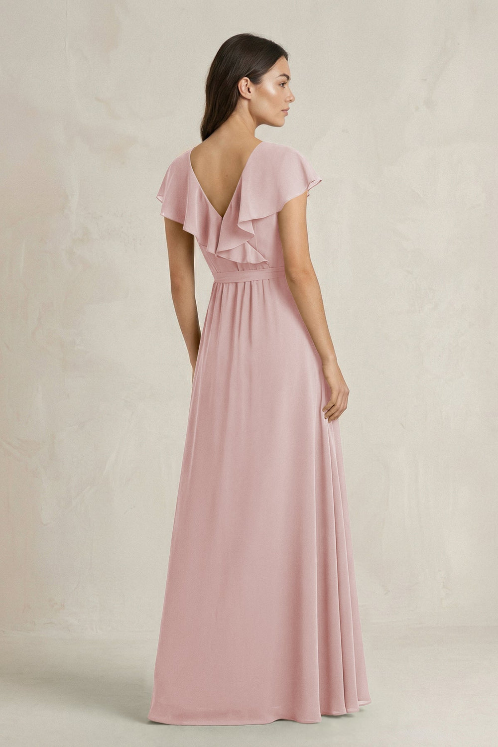 V - Neck A - Line Ruffled Chiffon Bridesmaid Dress With Bow in Dusty Rose - KISS BRIDAL Bridesmaid Dresses