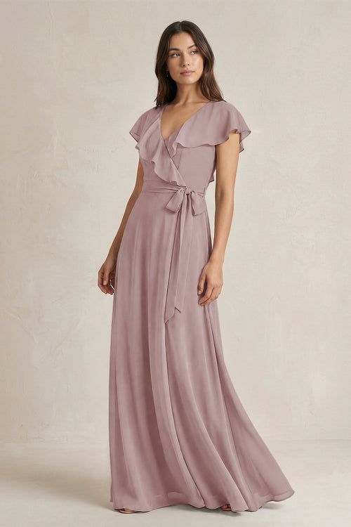 V-Neck A-Line Ruffled Chiffon Bridesmaid Dress With Bow  in Dusty Rose | KISSBRIDAL