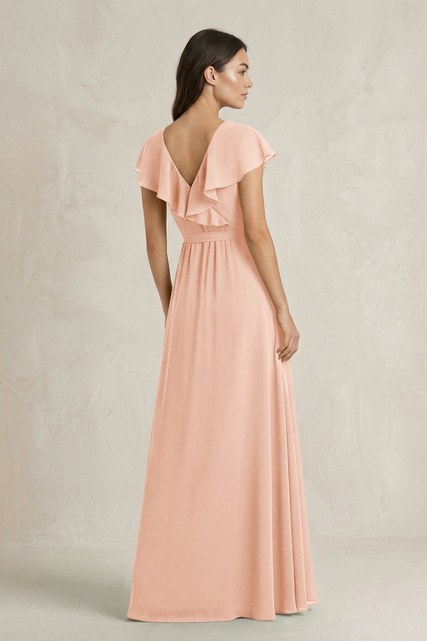 V - Neck A - Line Ruffled Chiffon Bridesmaid Dress With Bow in English Rose - SHE IS ME Bridesmaid Dresses